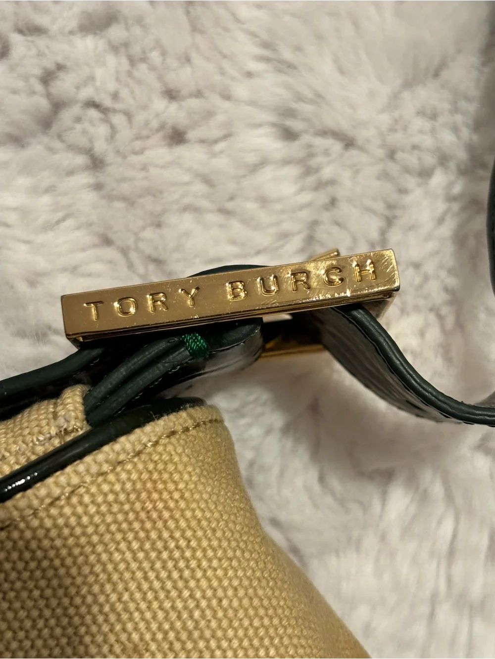 Tory Burch Vintage Baguette Shoulder Bag Khaki Canvas Dark Green Patent 11099828